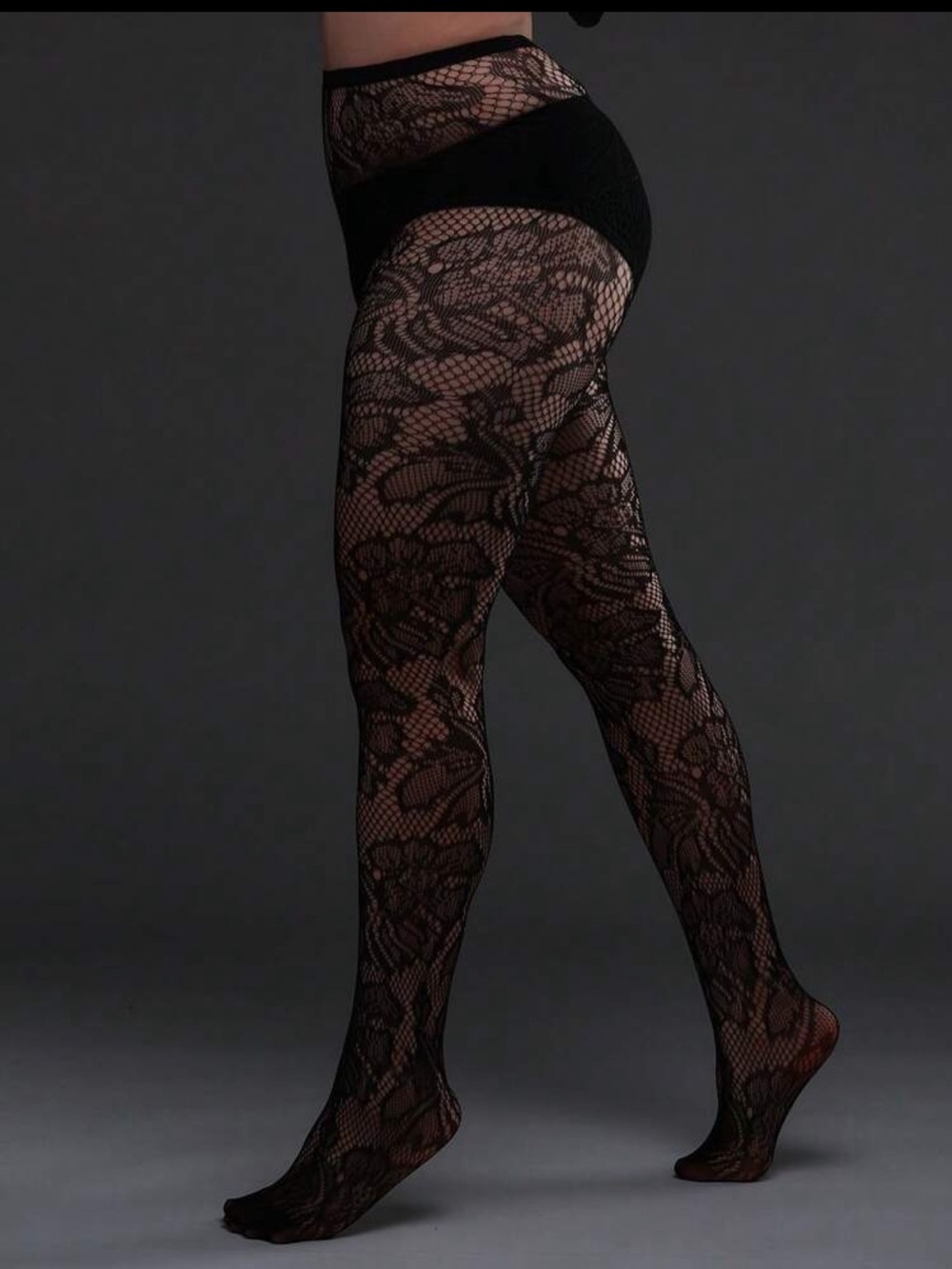 Plus Size Black Fishnet Tights with Leaf Lace Design